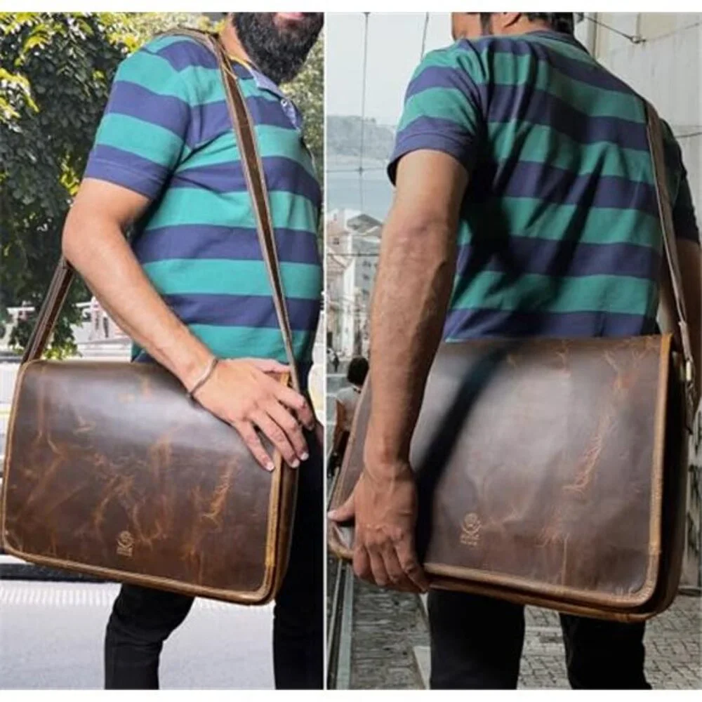 Men's Vintage Leather Messenger Bag Full Grain Leather Laptop Bag, 16